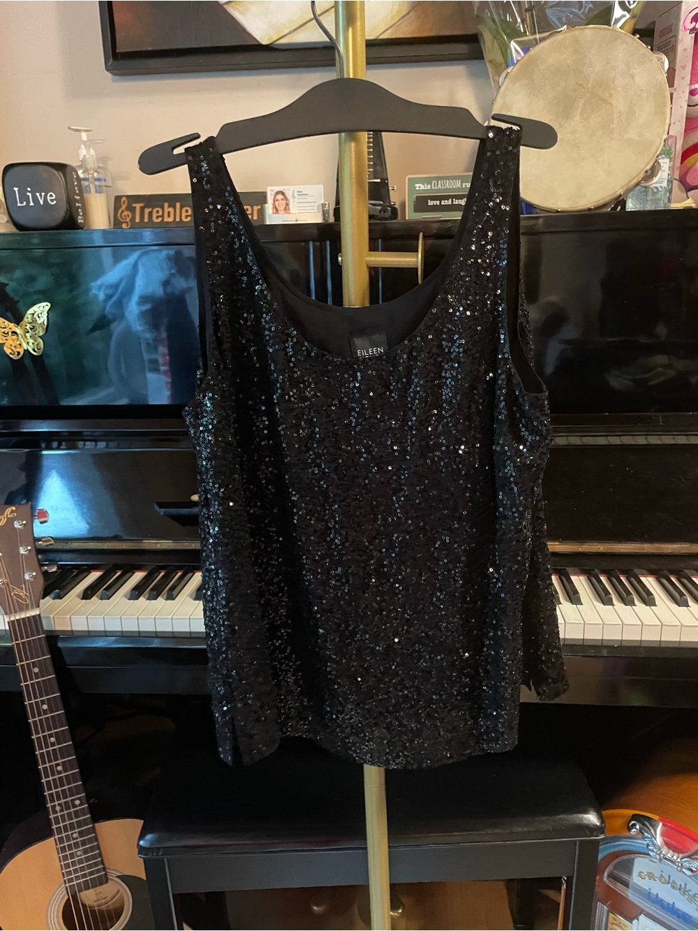 Eileen Fisher Black Sequin Silk Scoop Neck Tank Top